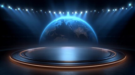 Global Stage: Illuminated Earth on a futuristic stage, bathed in dramatic blue spotlights, symbolizing global connection and opportunity.