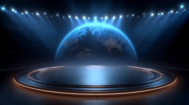 Global Stage: Illuminated Earth on a futuristic stage, bathed in dramatic blue spotlights, symbolizing global connection and opportunity.