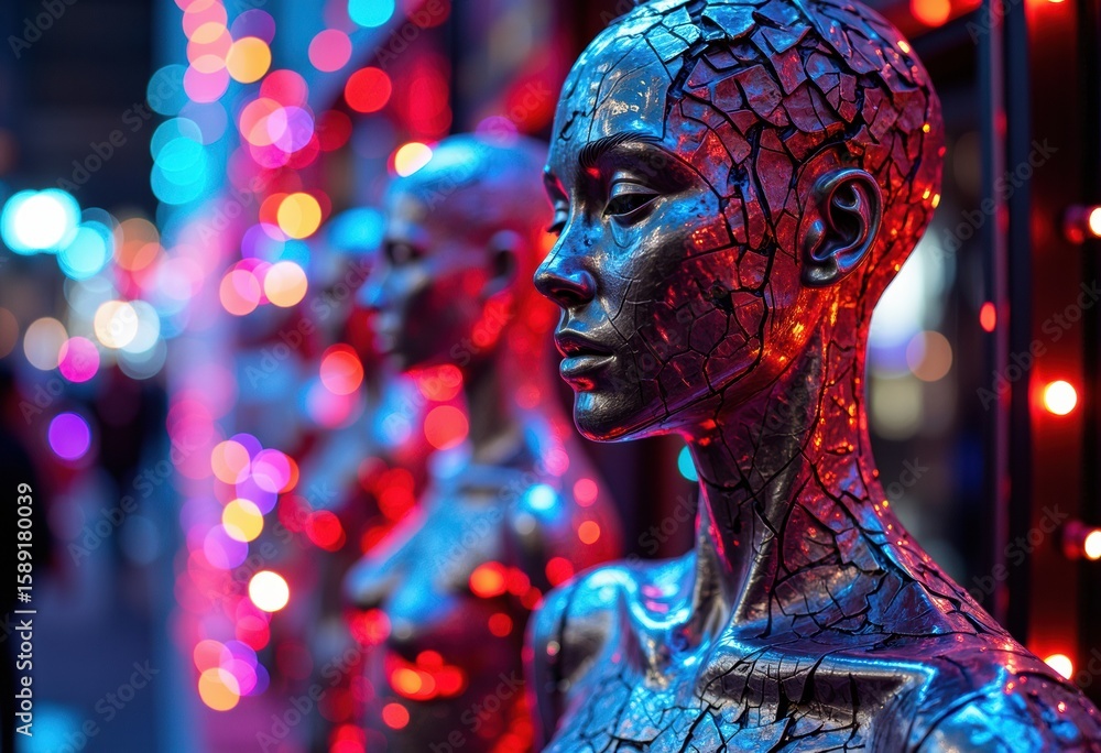 Aufkleber artistic display of metallic mannequins with colorful bokeh lights in the background