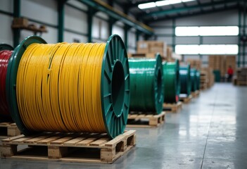 Large spools of yellow and green cable are stored on pallets inside a warehouse