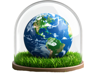 Earth inside a glass dome with lush grass, isolated on a transparent background