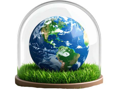Earth inside a glass dome with lush grass, isolated on a transparent background