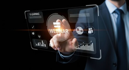 Businessman touching a holographic screen displaying a webinar icon, symbolizing online workshop, e-learning, education, and virtual conferencing in real-time environments.