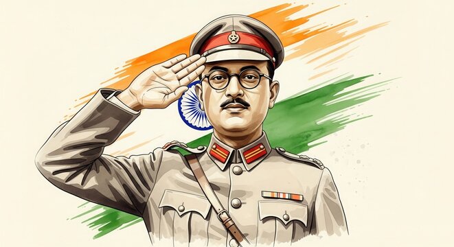 Netaji Subhas Chandra Bose Watercolor Illustration with Indian Flag &ndash; 15 August Freedom Fighter Art