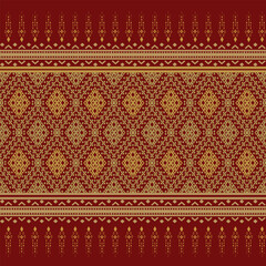 Traditional Thai Fabric Seamless Pattern – R เed and Gold Geometric Textile
