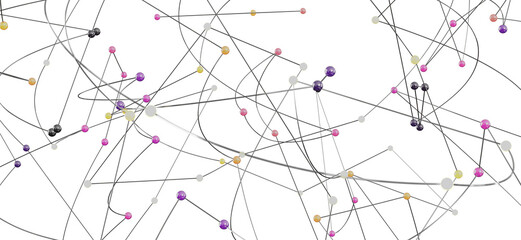 Complex network visualization, nodes and lines, connectivity, technology, data, communication.