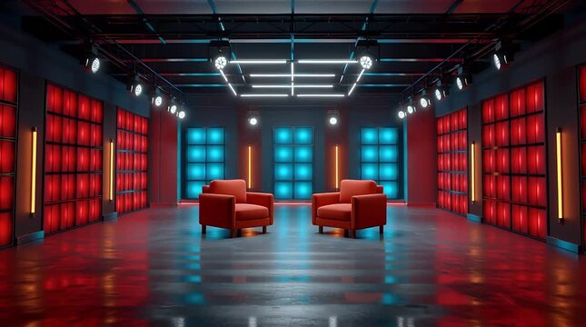 Interview Set Design: Modern and dynamic interview set design features two luxurious armchairs positioned in front of a backdrop, illuminated by a futuristic array of lights.
