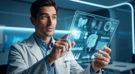 Physician using futuristic transparent screen displaying human anatomy data in a modern office. - Powered by Adobe