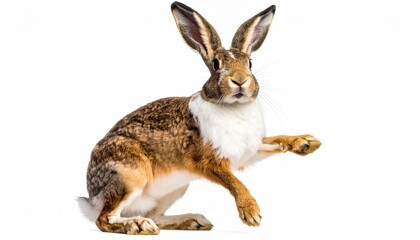 A rabbit in a playful pose against a white background