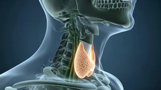 3D rendering of a human head and neck with a glowing orange thyroid gland, symbolizing medical conditions, endocrine health, and scientific anatomy.