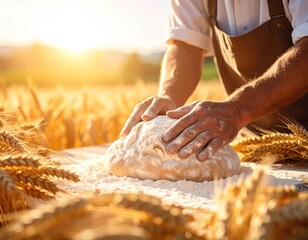 A farmer shapes bread dough outdoors