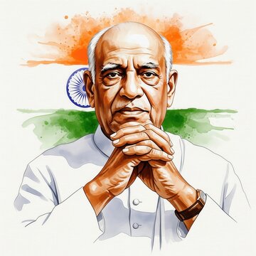 Watercolor Portrait of Sardar Vallabhbhai Patel with Tricolor Background &ndash; Indian Freedom Fighter Image