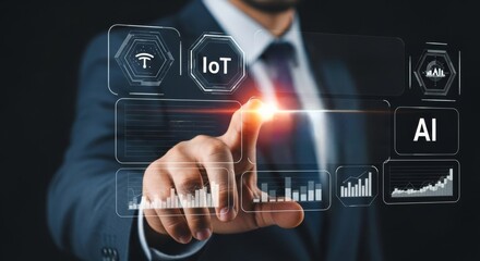 Businessman interaction with futuristic holographic interface featuring IoT and AI, symbolizing digital transformation, data analytics, and smart technology in modern global business strategy.
