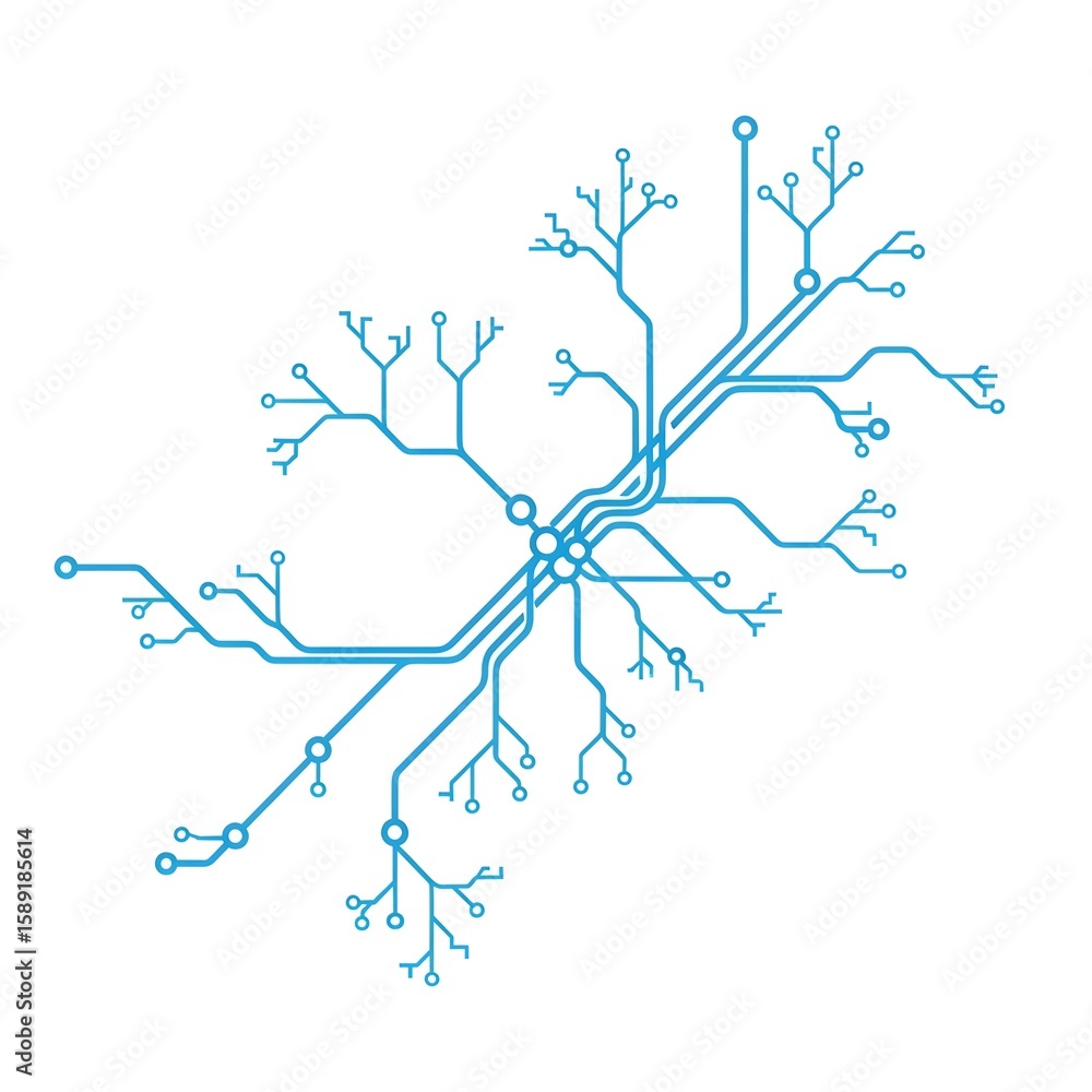 Poster abstract blue circuit board design resembling a tree with interconnected nodes, lines, and branching