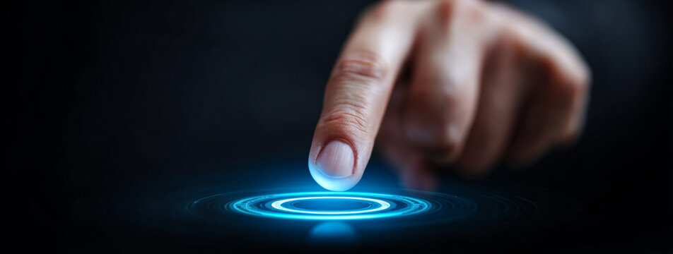 Finger presses glowing blue button. Startup concept.
