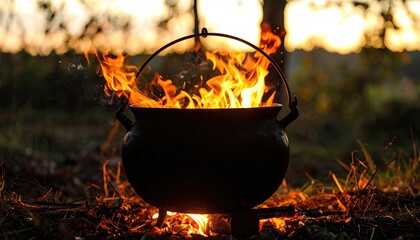 A cauldron on a campfire at sunset