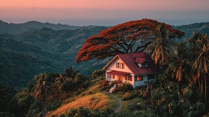 Serene mountain home nestled amidst lush foliage.