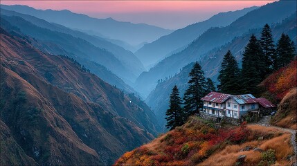 Mountainous landscape with a rustic cabin nestled amongst fall foliage.