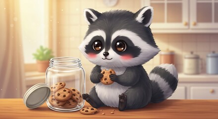 可愛いアライグマ 温かい光の中でクッキーを食べる 幸せな時間. AI Generated