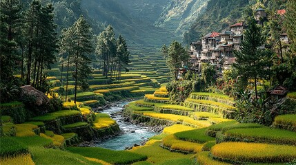 Lush terraced rice paddies with a village nestled amongst the hills.