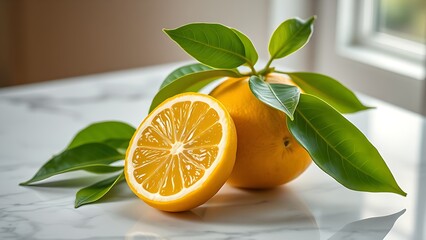 Fresh lemon with green leaves on marble, bathed in natural window light for a vibrant minimalist scene.