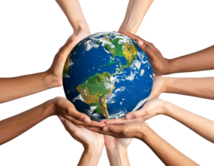 Realistic planet Earth held by diverse hands, isolated on a transparent background