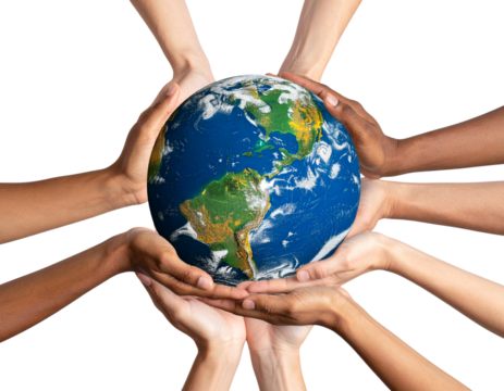 Realistic planet Earth held by diverse hands, isolated on a transparent background
