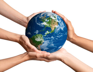 Realistic planet Earth held by diverse hands, isolated on a transparent background