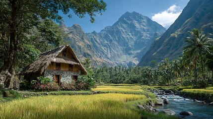 Rustic thatched-roof house nestled in a valley amidst mountains.