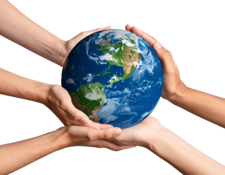 Realistic planet Earth held by diverse hands, isolated on a transparent background