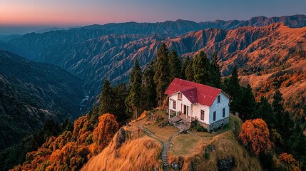 A remote cabin perched atop a mountain peak, overlooking a valley.