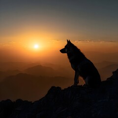 Silhouette of a Lone Wolf on Mountain Peak at Sunset &ndash; Majestic Wilderness Landscape