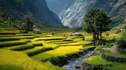 Lush terraced rice paddies nestled in a valley between mountains.