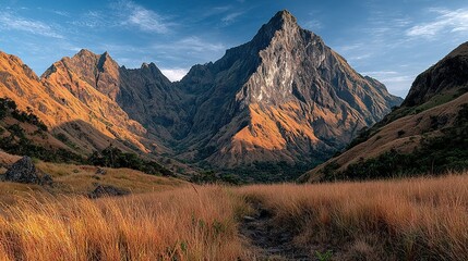 Mountain range with valley and golden grass.