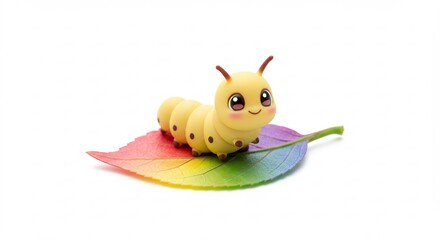 虹色葉の上で微笑む可愛い芋虫 柔らかな光に包まれて. AI Generated
