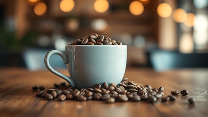 A coffee cup surrounded by beans on a wooden table, bathed in warm overhead light.