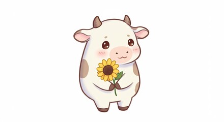 可愛い子牛 笑顔でひまわり抱く 優しい光 水彩画風イラスト. AI Generated