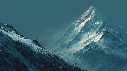 Snowy mountain peak against a muted sky.