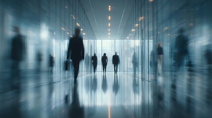 Abstract glass wall of corporate office with blurred people walking in professional business environment perfect for finance technology and modern workplace concept backgrounds