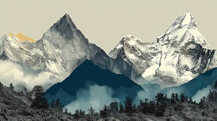 Majestic snow-capped peaks rise above a landscape of misty mountains.