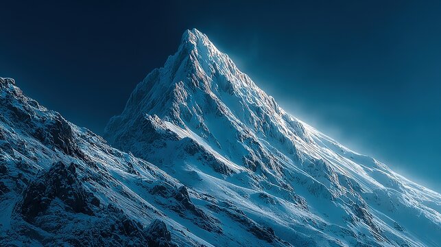 Majestic snow-capped mountain peak against a vibrant blue sky.