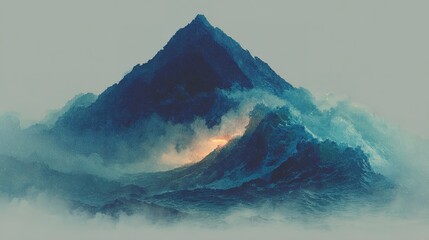 Misty mountain range with a vibrant center peak.