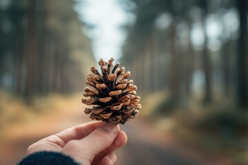 Hand holds a pine cone in forest
