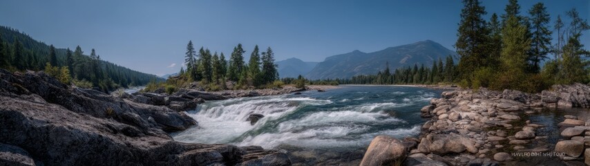 Fototapeta premium Scenic river waterfall mountain valley hdr 360 degrees panoramic view nature environment