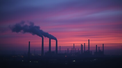 Industrial landscape at dusk with smokestacks and atmospheric haze, rendered in moody colors with soft focus.