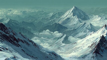 Snowy mountain peaks with clouds in the valley.