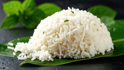 A mound of cooked rice on a banana leaf