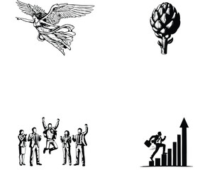 Naklejka premium Vector art of a winged angel flies above a celebrating business team and a growth chart