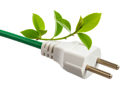 Green energy plug with leaves sprouting from cord, isolated on a transparent background - Powered by Adobe