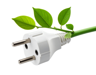 Green energy plug with leaves sprouting from cord, isolated on a transparent background